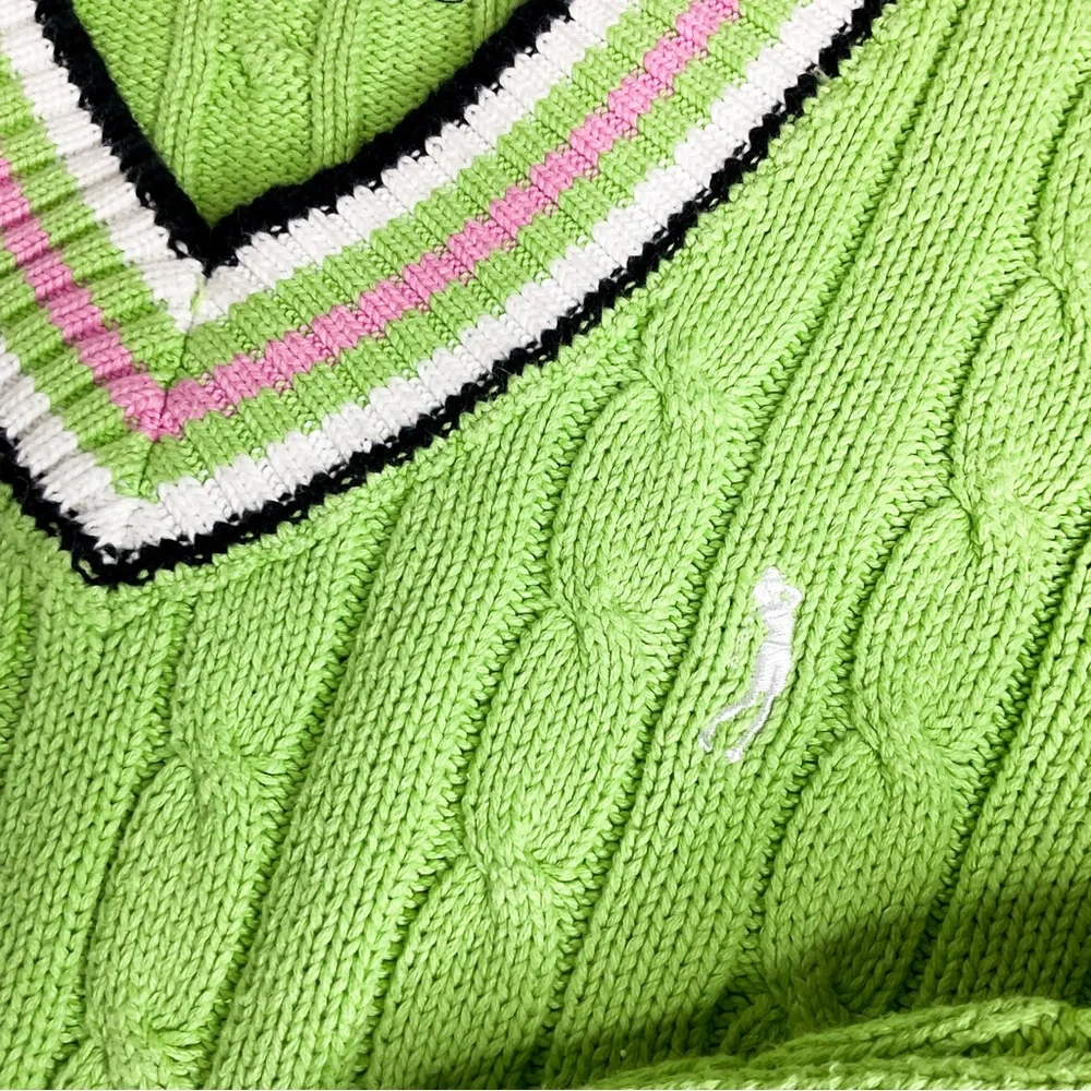 VINTAGE Preppy Lime Green Cable-Knit V-Neck Sweater with Striped Trim - Picture 11 of 11